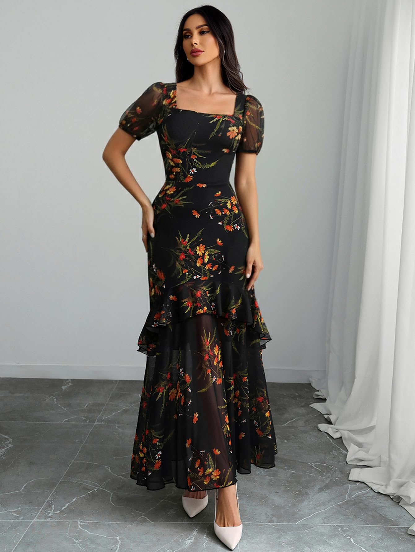 GothDark Cute Dress for Wedding Guest Summer Dresses for Women 2026 Vacation Square Neck Dress Orange Small Fits US Size 4