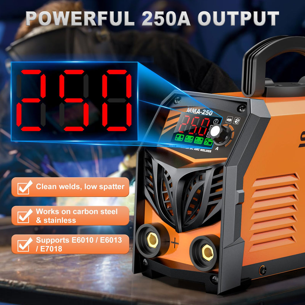 SOARFLY Stick Welder, 250Amp ARC Welding Machine with Large LED Display, Dual Voltage 110V/220V IGBT Inverter Portable Welder w/10 Rods, Ground Clamp, Electrode Clamp, Hot Start, Arc Force, Anti-Stick