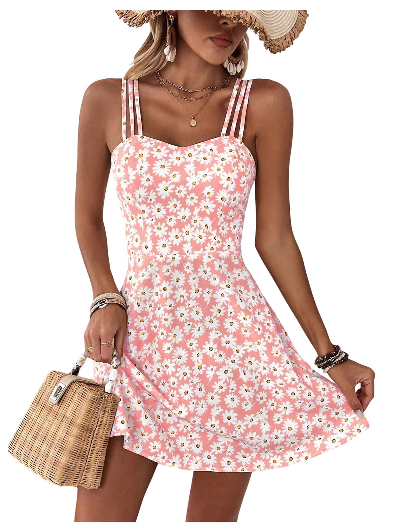 SOLY HUX Women's Floral Print Cami Dress Spaghetti Strap A Line Flowy Summer Mini Dresses Sundress Pink Floral Medium