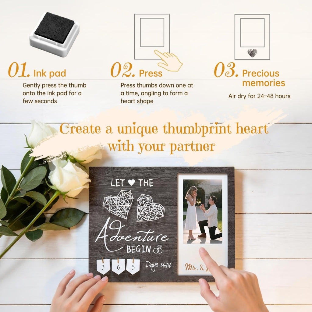 Inovayer Engagement Gifts for Couple, Wedding Countdown Heart Thumbprint Picture Frame and Ink Kit, Bride to be Gift, Cool Engagement Present for Her Women, Fiance Gifts