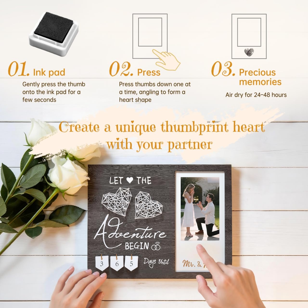 Inovayer Engagement Gifts for Couple, Wedding Countdown Heart Thumbprint Picture Frame and Ink Kit, Bride to be Gift, Cool Engagement Present for Her Women, Fiance Gifts