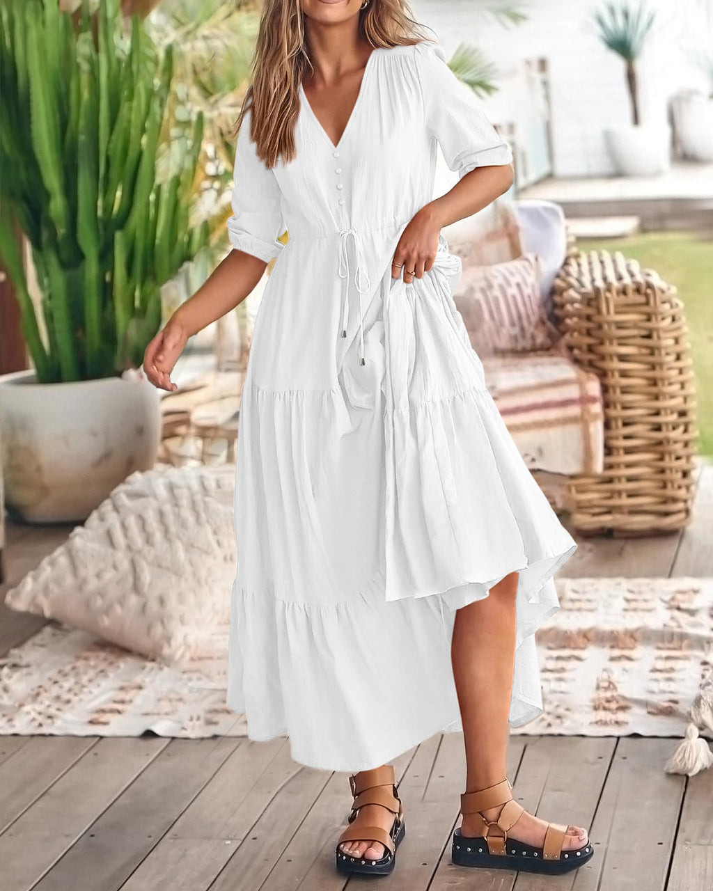 BTFBM Formal Wedding Guest Dresses for Women Summer Dresses Short Sleeve V Neck Maxi Dresses (Solid Beige White,XX-Large)