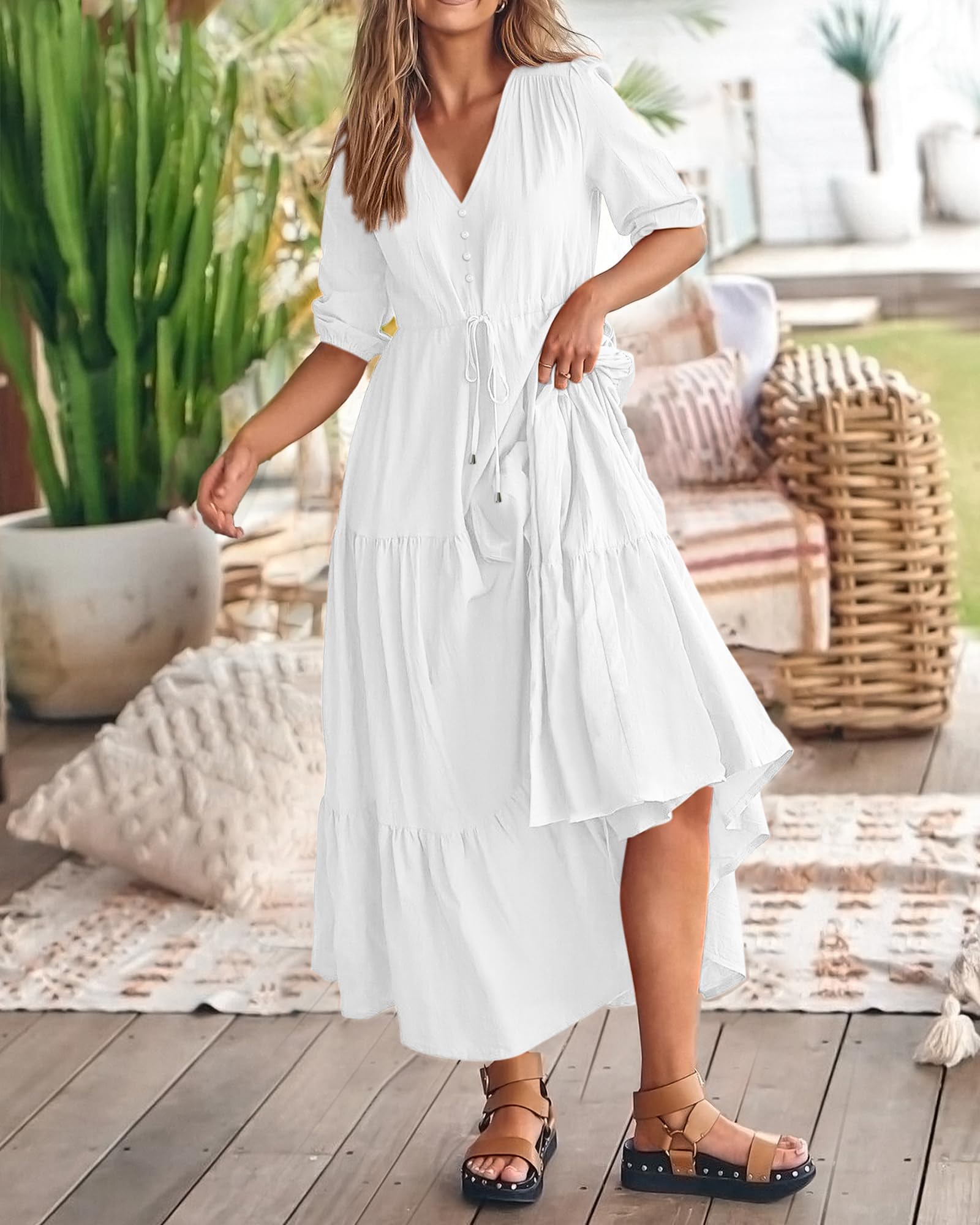 BTFBM Formal Wedding Guest Dresses for Women Summer Dresses Short Sleeve V Neck Maxi Dresses (Solid Beige White,XX-Large)