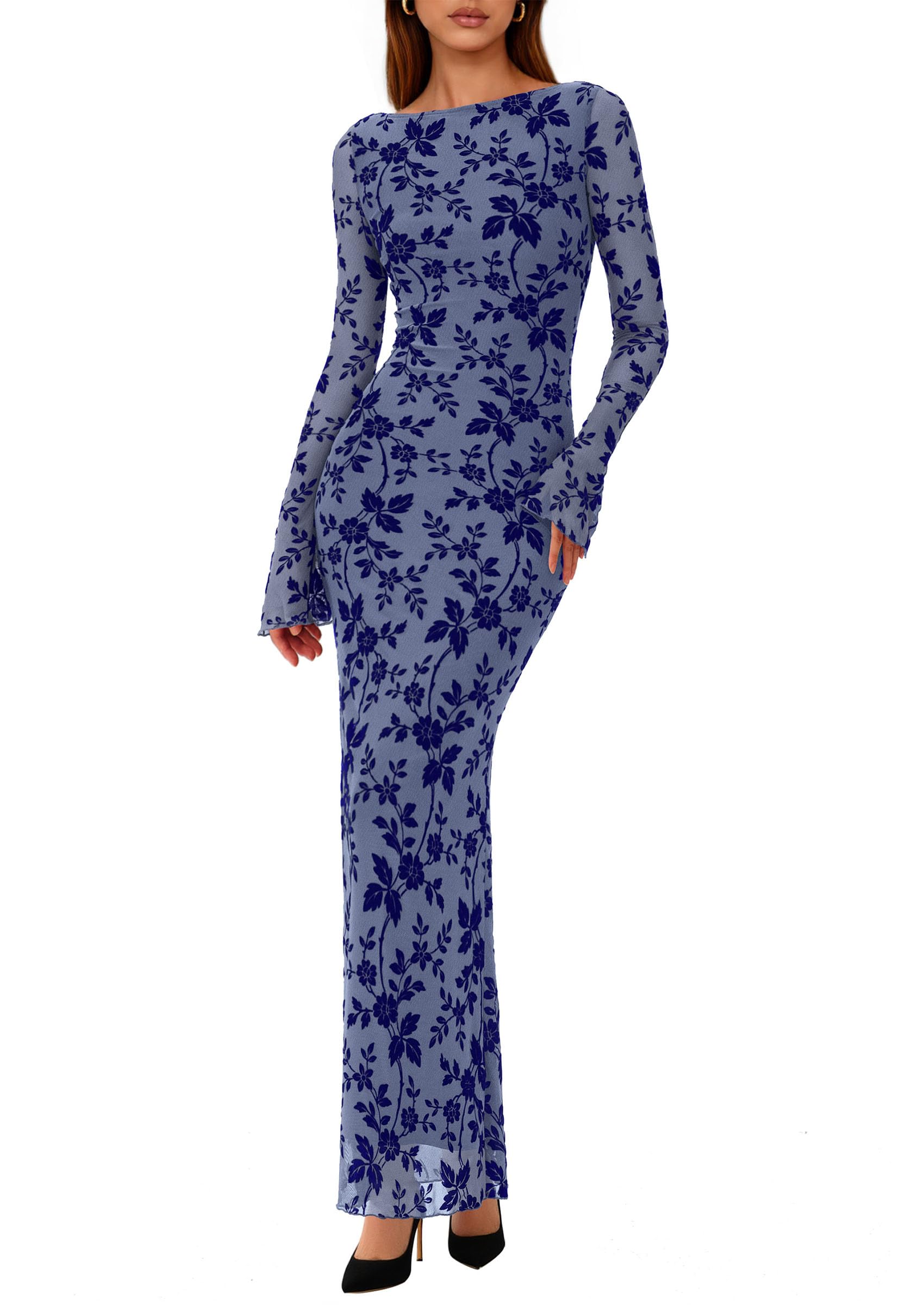 PRETTYGARDEN Women's Floral Bodycon Maxi Dress 2026 Spring Elegant Mesh Long Sleeve Formal Wedding Guest Cocktail Dresses (Dusty Blue,XX-Large)