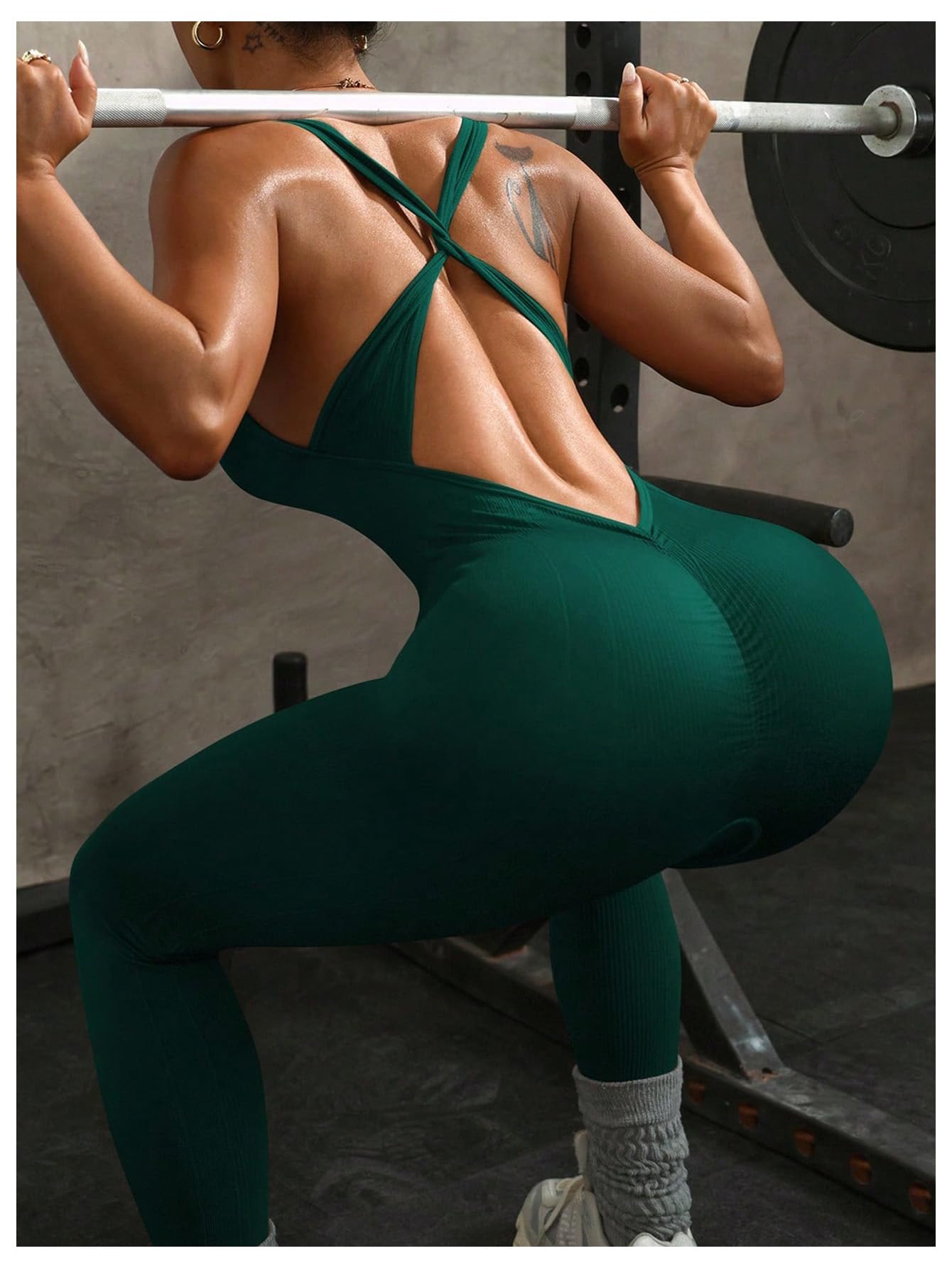 WDIRARA Women's Workout Jumpsuit V Neck Sleeveless Criss Cross Backless Yoga Jumpsuit Pants Romper Dark Green Large