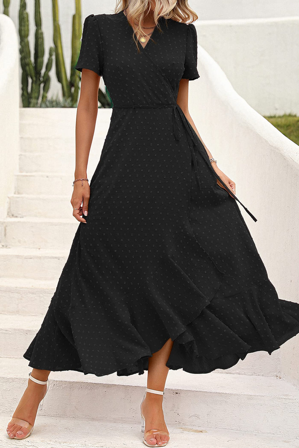 PRETTYGARDEN Women's Summer Wrap Maxi Dress Casual Boho Floral V Neck Short Sleeve Ruffle Hem Split Beach Long Dresses (Z_Black,Medium)