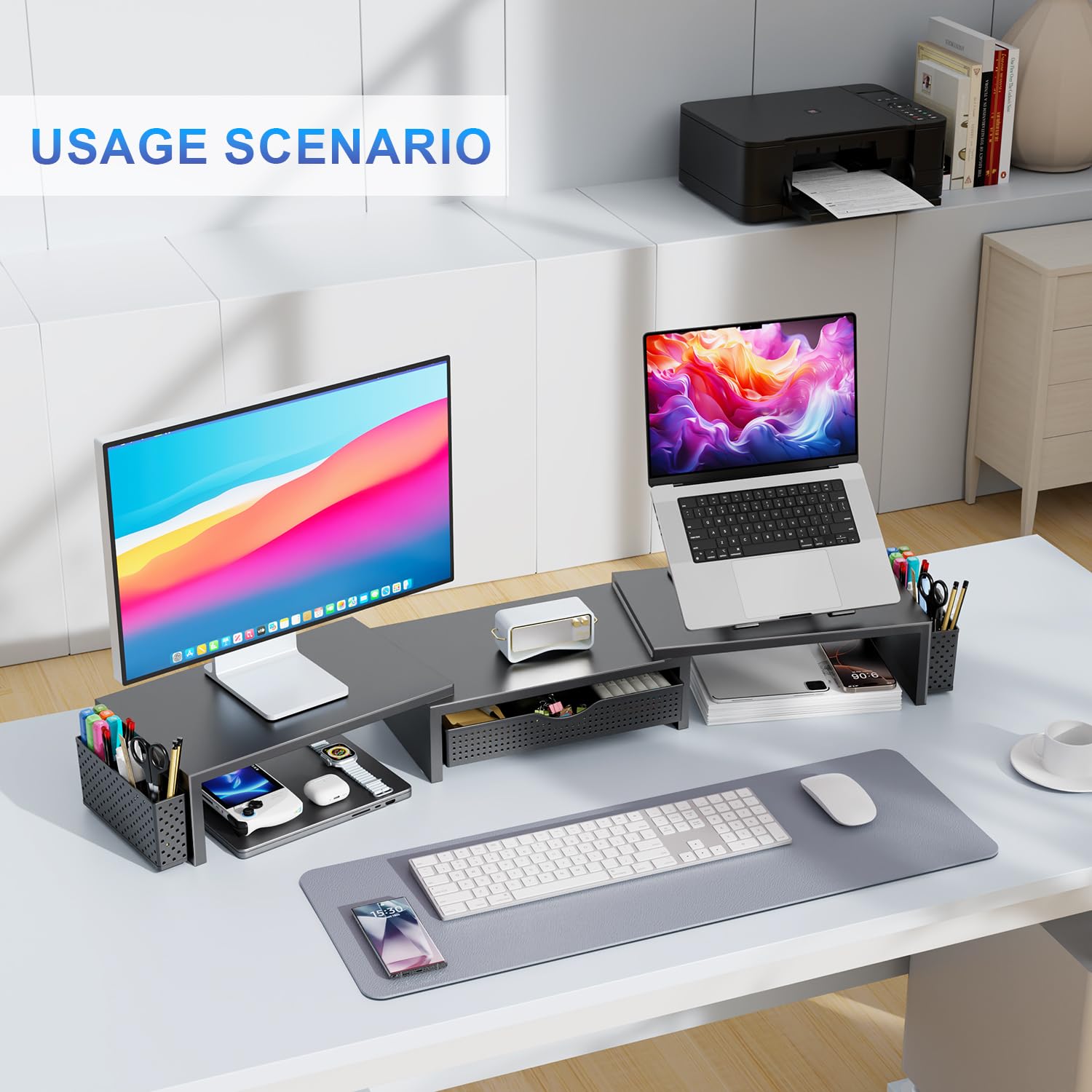 gianotter Dual Monitor Stand Riser, Desk Organizer With Drawer and 2 Pen Holders, Computer Monitor Stand, Shelf for Top of Desk, Black