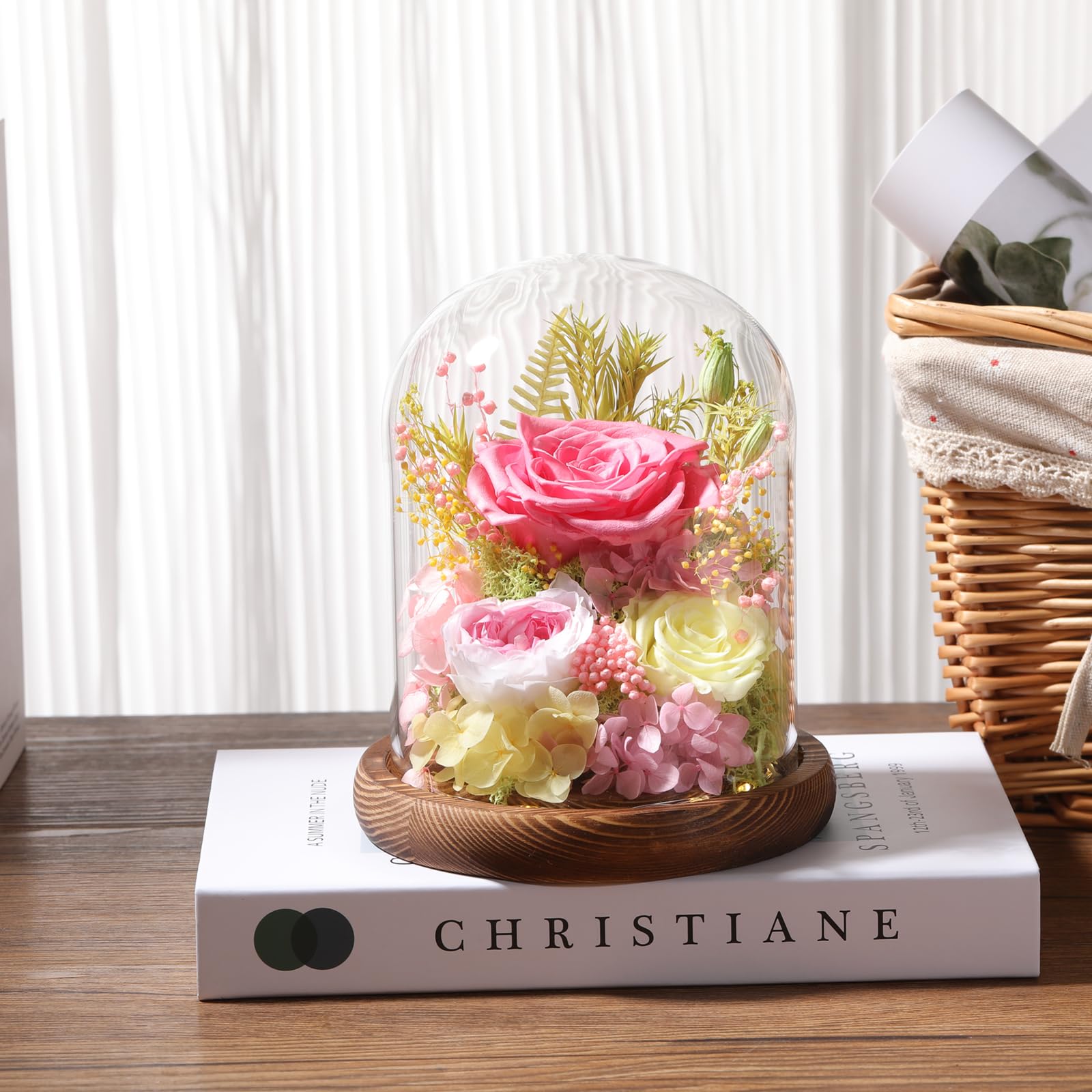 LOVENFOLD Flowers for Delivery Preserved Flowers Pink Roses with LED Light in a Glass Dome,Long Lasting Forever Flowers Birthday Gifts for Women Daughter Mom Wife Friend（Pink Rose）