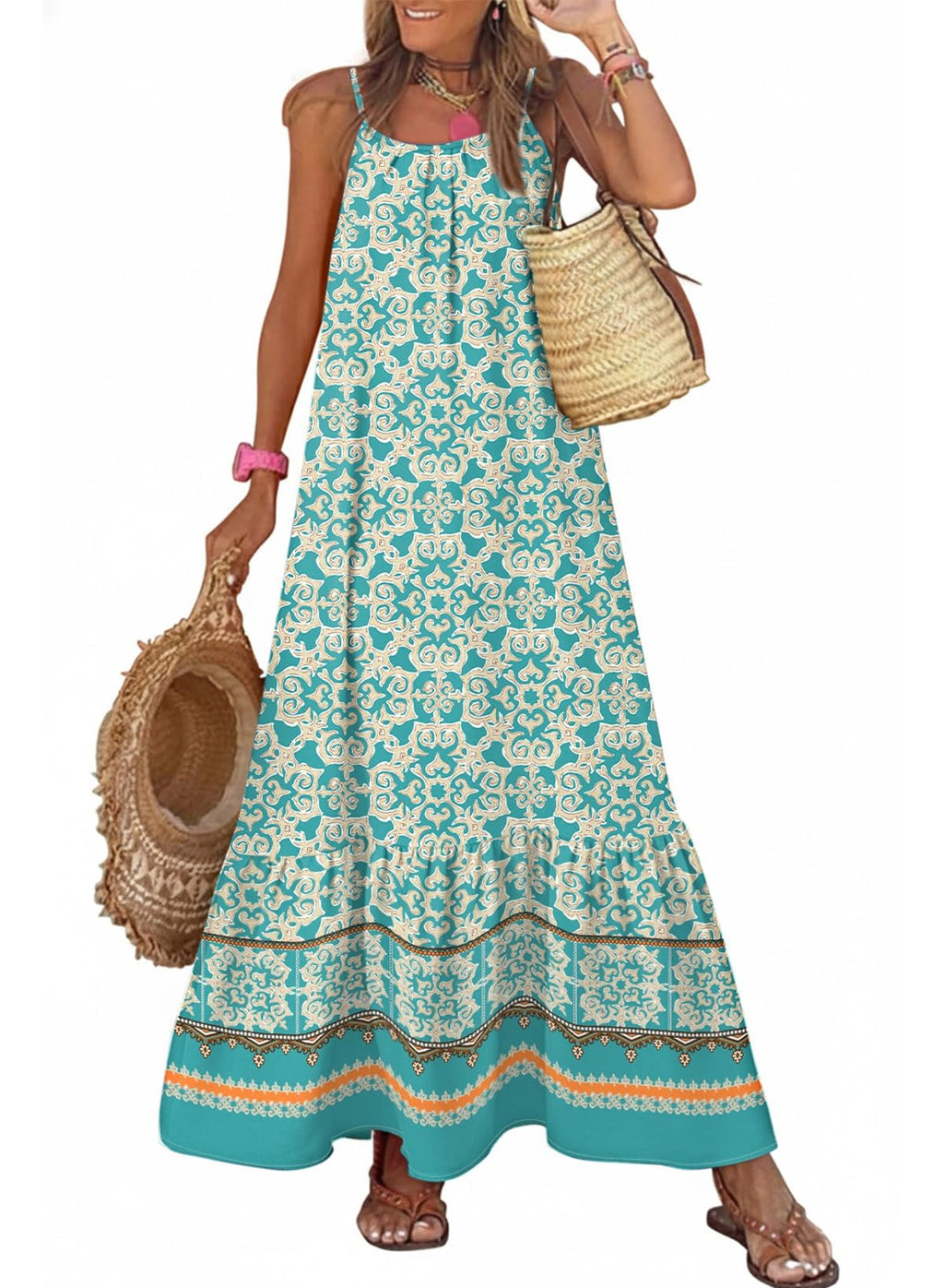 Dokotoo Summer Maxi Dress for Women U Neck Floral Boho Dress Sleeveless Spaghetti Strap Sun Dress Ruffle A Line Casual Dresses for Outgoing Beach Vacation Essentials Large Sky Blue