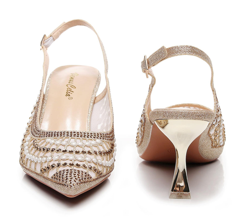 VenusCelia Women's Charming Lady Slingback Pump Shoe (8.5 M US,Gold Studded)