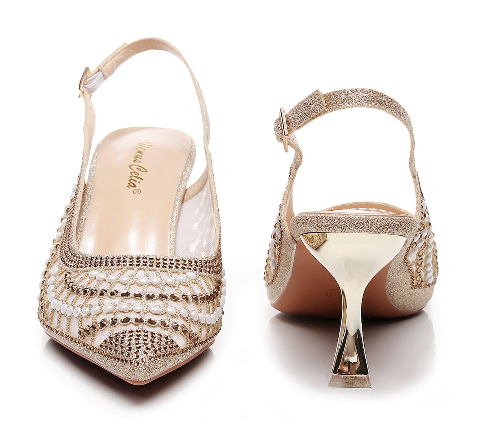 VenusCelia Women's Charming Lady Slingback Pump Shoe (8.5 M US,Gold Studded)