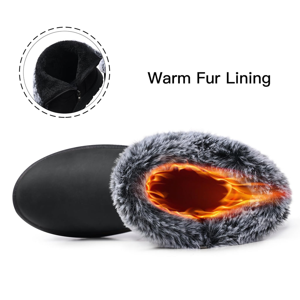 SHIBEVER Women's Snow Boots Winter Fur Lined Waterproof Anti-Slip Leather Women Ankle Snow Boots Black Size 8