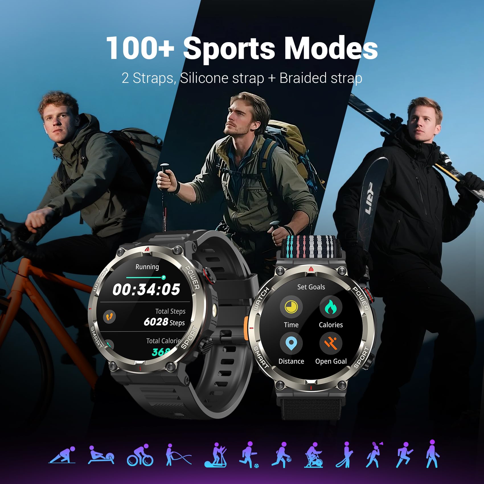 Military Smart Watch for Men(Answer/Make Calls),Outdoor Smartwatch with 100 Days Battery/Flashlight/Compass/Heart Rate/SpO2/Sleep Monitor/2 Straps, Rugged Fitness Watch for iPhone/Android Phones
