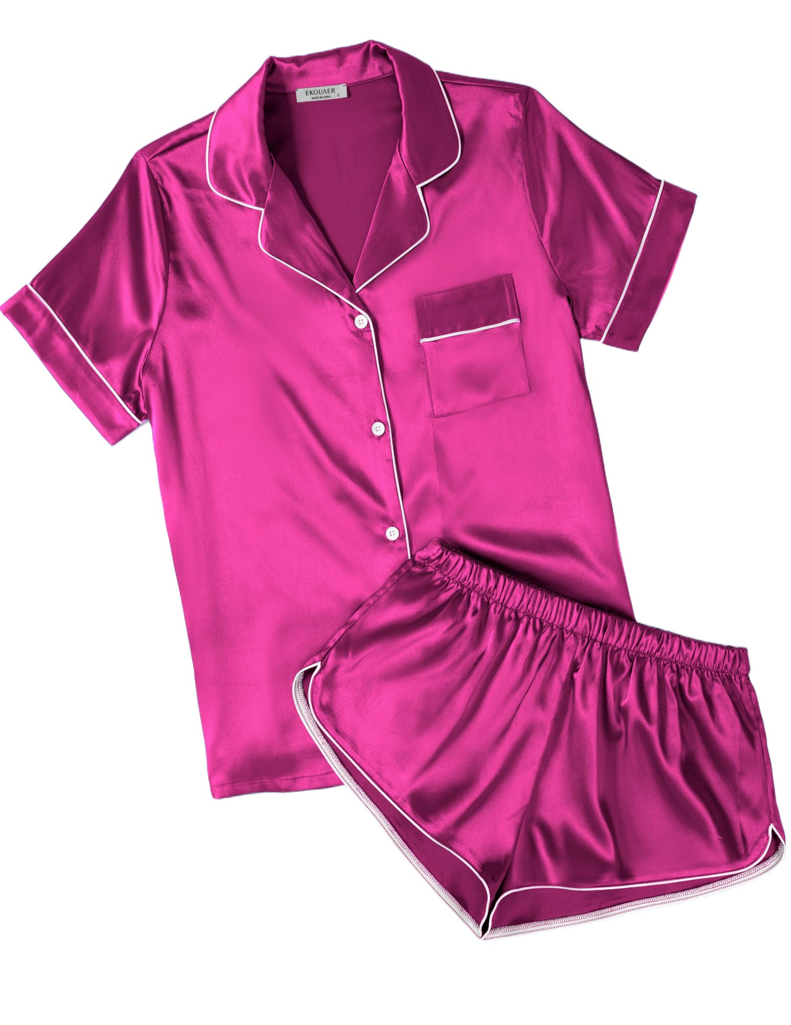 Ekouaer Womens Silk Satin Pajamas Short Sleeve Sleepwear Soft Button Down Loungewear 2 Piece PJS Shorts Set Hot Pink Small