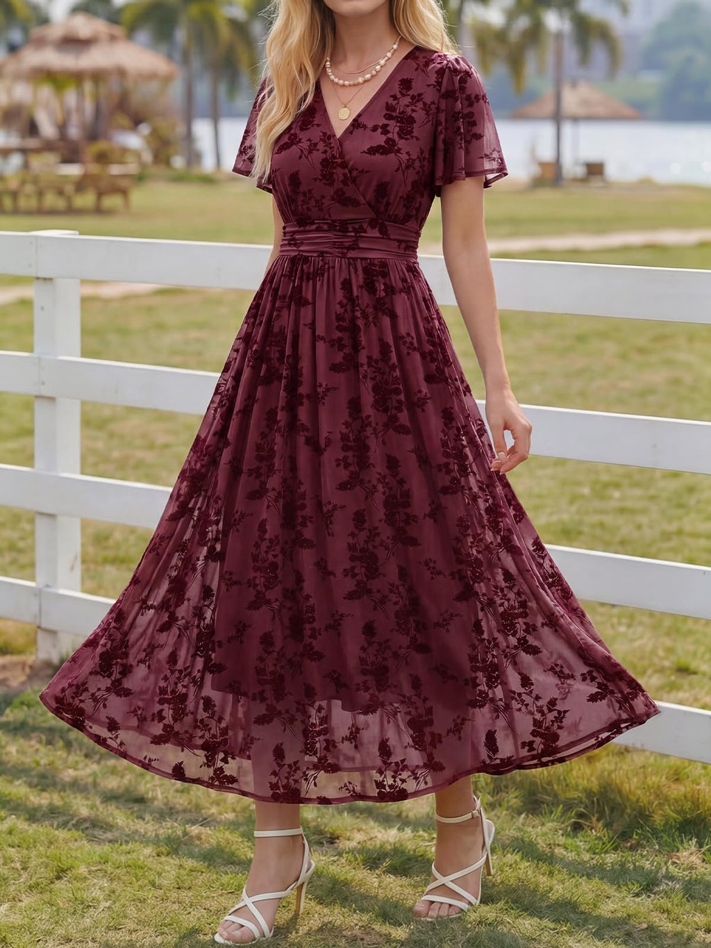 LILLUSORY Wedding Guest Maxi Dress 2026 Women Summer V Neck Short Sleeve Floral A Line Long Brunch Cocktail Wrap Dress with Pockets Formal Elegant Flowy Outfits Burgundy