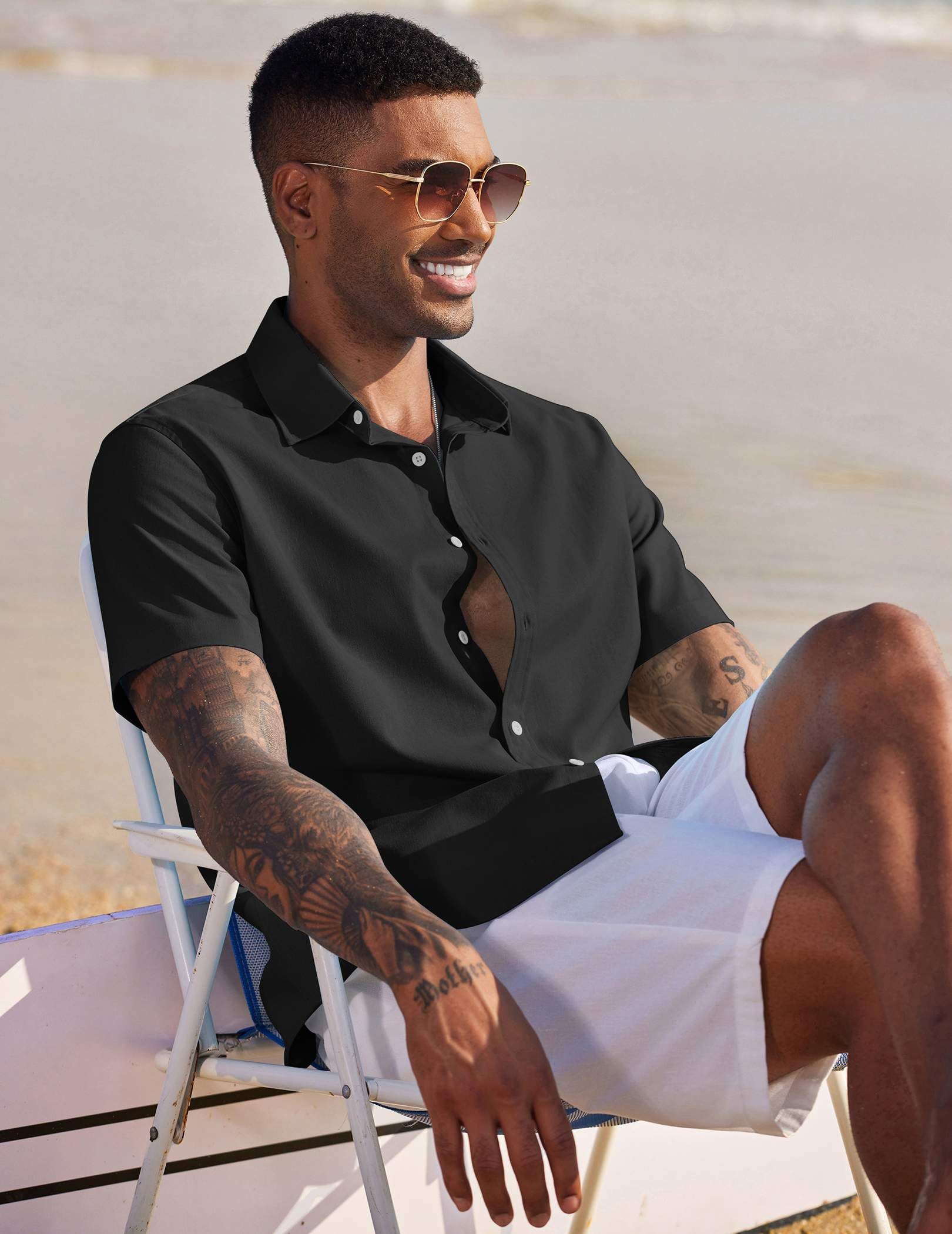 COOFANDY Men's Linen Cotton Casual Button Down Shirt Slim Fit Free Wrinkle Beach Shirt Black