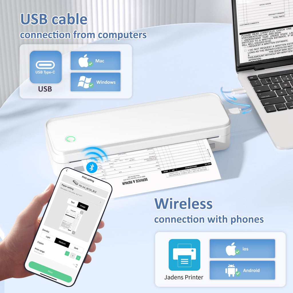 Gloryang Inkless Portable Printer for Travel, Wireless Thermal Printer Supports 8.5 x 11 Inch US Letter Size, Bluetooth Machine Includes Carry Case and 3 Rolls of Thermal Paper Kit, White