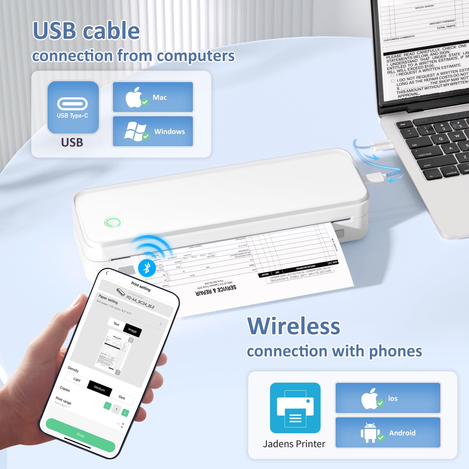 Gloryang Inkless Portable Printer for Travel, Wireless Thermal Printer Supports 8.5 x 11 Inch US Letter Size, Bluetooth Machine Includes Carry Case and 3 Rolls of Thermal Paper Kit, White