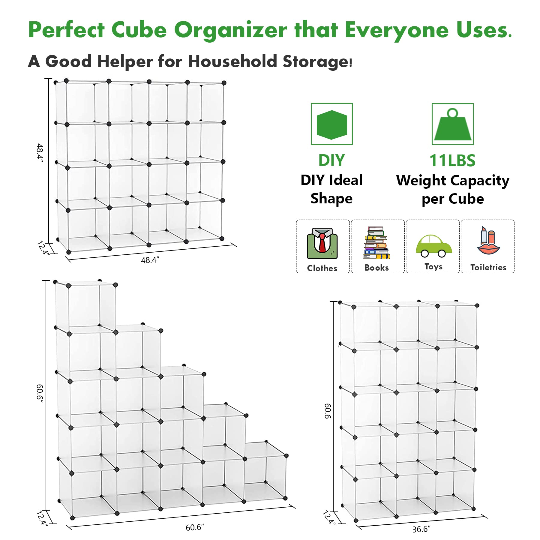 C&AHOME Cube Storage Organizer, 16-Cube Shelves Units, Plastic Storage Cubes, DIY Closet Organizer, Modular Closet Storage Shelves Ideal for Home, 48.4" L × 12.4" W × 48.4" H Transparent SUM3016W
