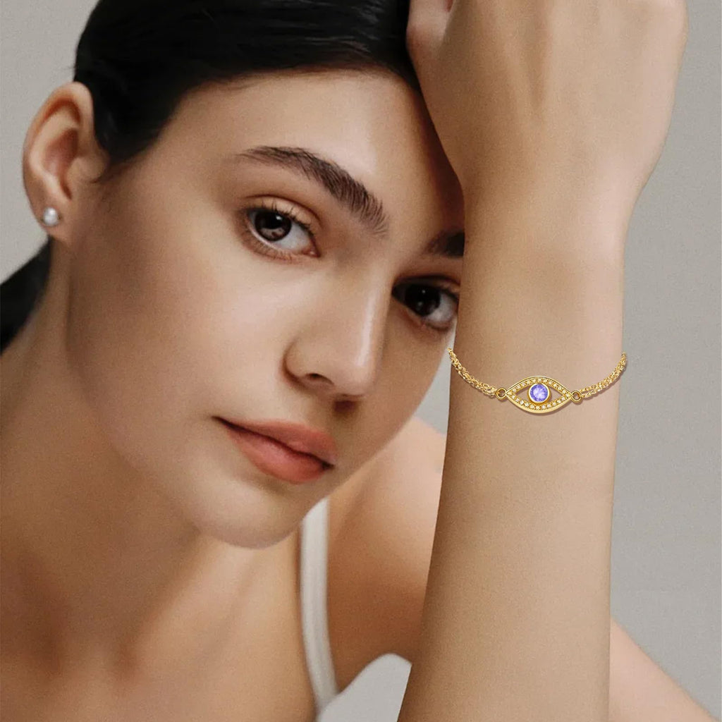 Midari June Light Violet Gemstone Birthstone Double Chain Bracelet for Women 18K Gold Plating Evil Eye Jewelry Birthday Gifts for Wife Her Daughter Mom