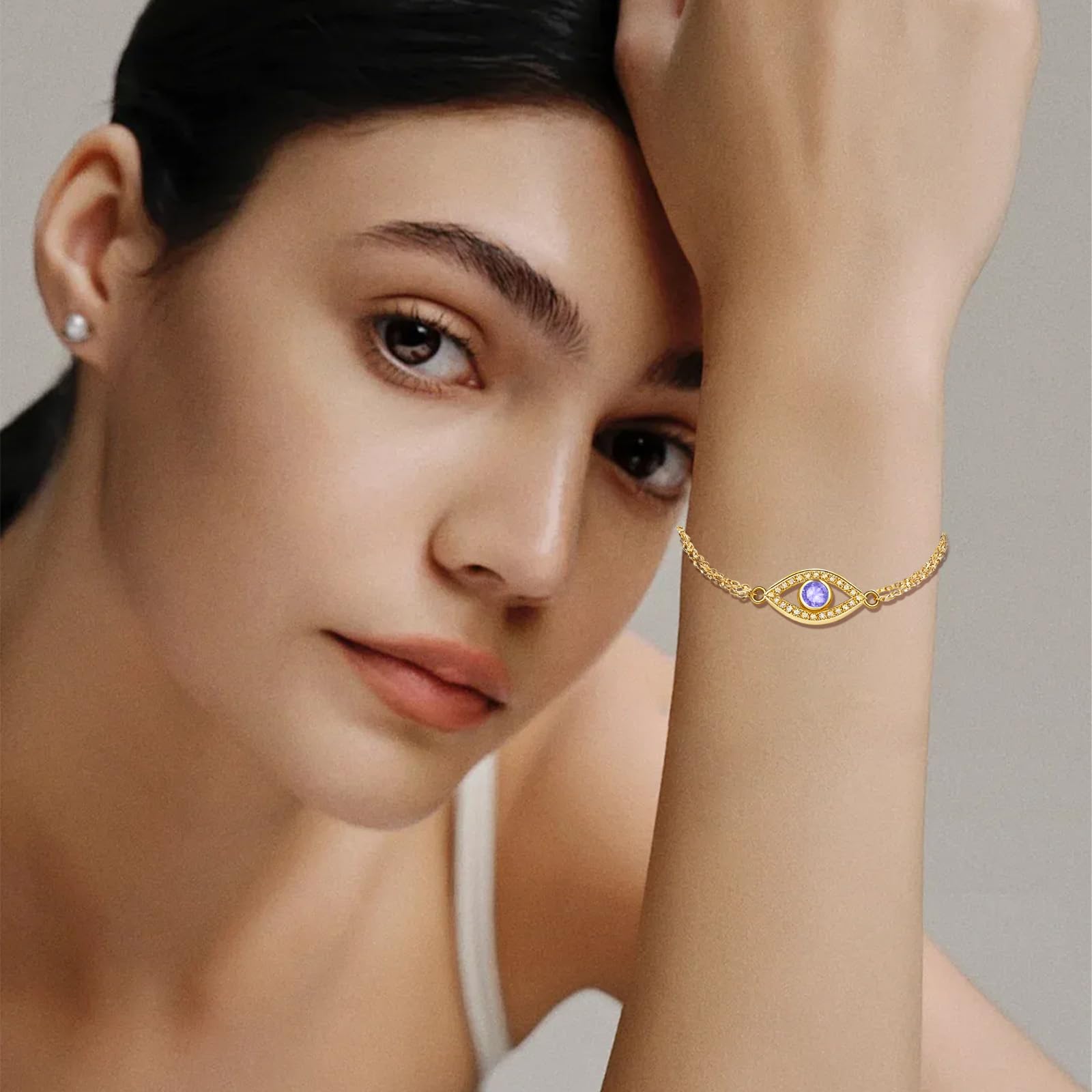 Midari June Light Violet Gemstone Birthstone Double Chain Bracelet for Women 18K Gold Plating Evil Eye Jewelry Birthday Gifts for Wife Her Daughter Mom