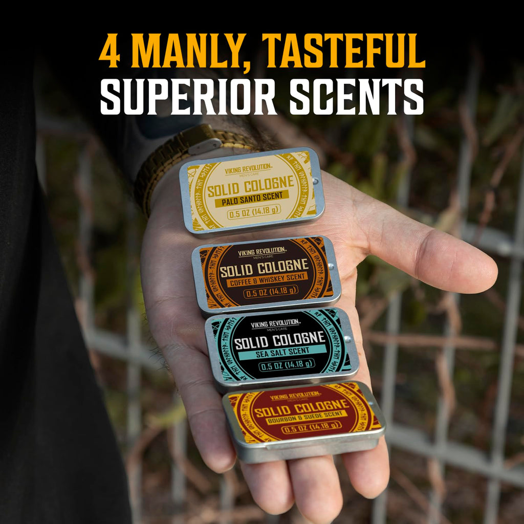 Viking Revolution 4 Pack Solid Cologne for Men - Men's Cologne Gift Set Including Coffee and Whiskey, Palo Santo, Sea Salt, Bourbon and Suede - Travel Size Gifts for Men (0.5 Oz each)