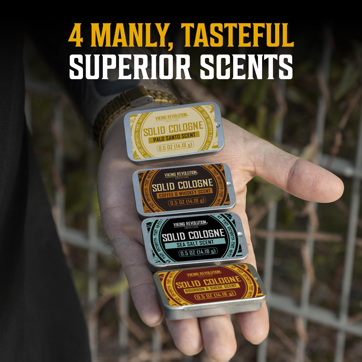 Viking Revolution 4 Pack Solid Cologne for Men - Men's Cologne Gift Set Including Coffee and Whiskey, Palo Santo, Sea Salt, Bourbon and Suede - Travel Size Gifts for Men (0.5 Oz each)