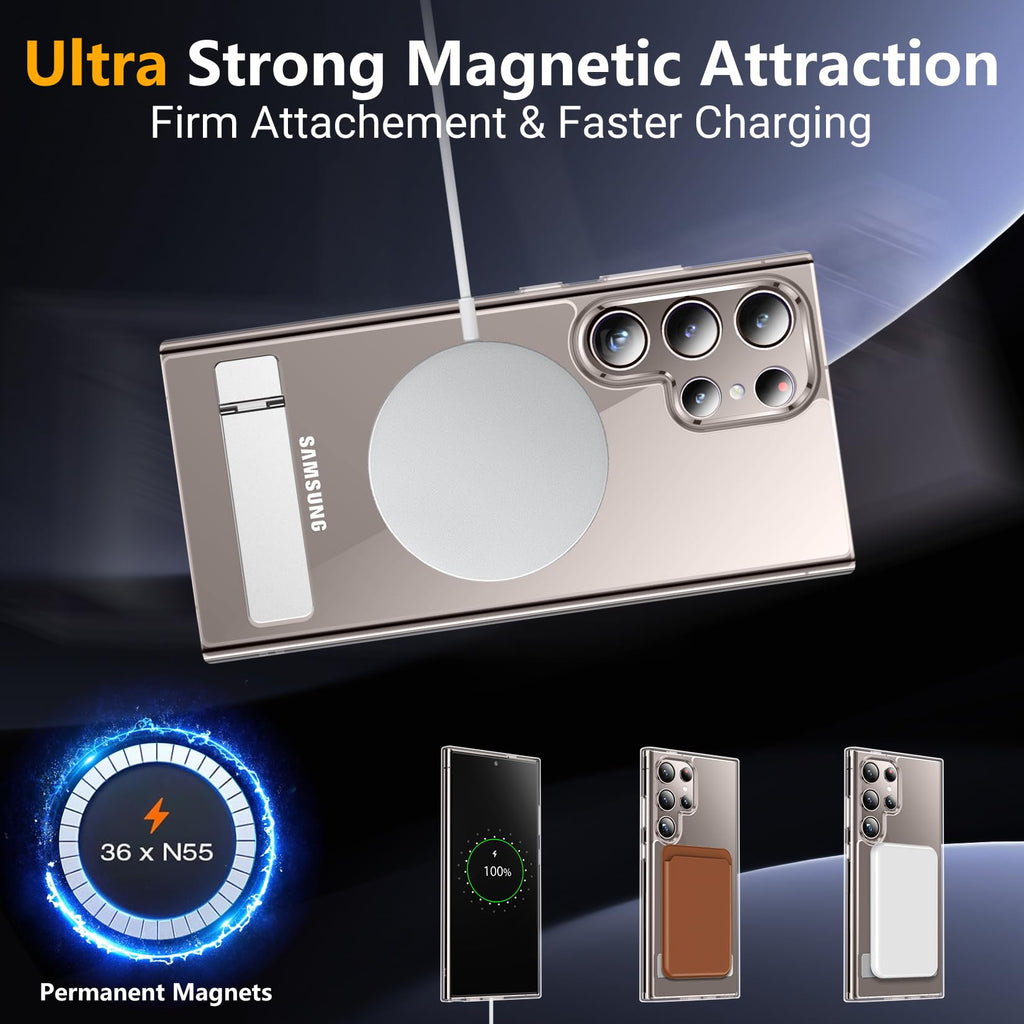 SPIDERCASE Magnetic for Samsung Galaxy S24 Ultra Case, [3 Stand Ways][ Military Grade Drop Protection] with Invisible Stand Shockproof Slim Case for S24 Ultra 5G,Clear