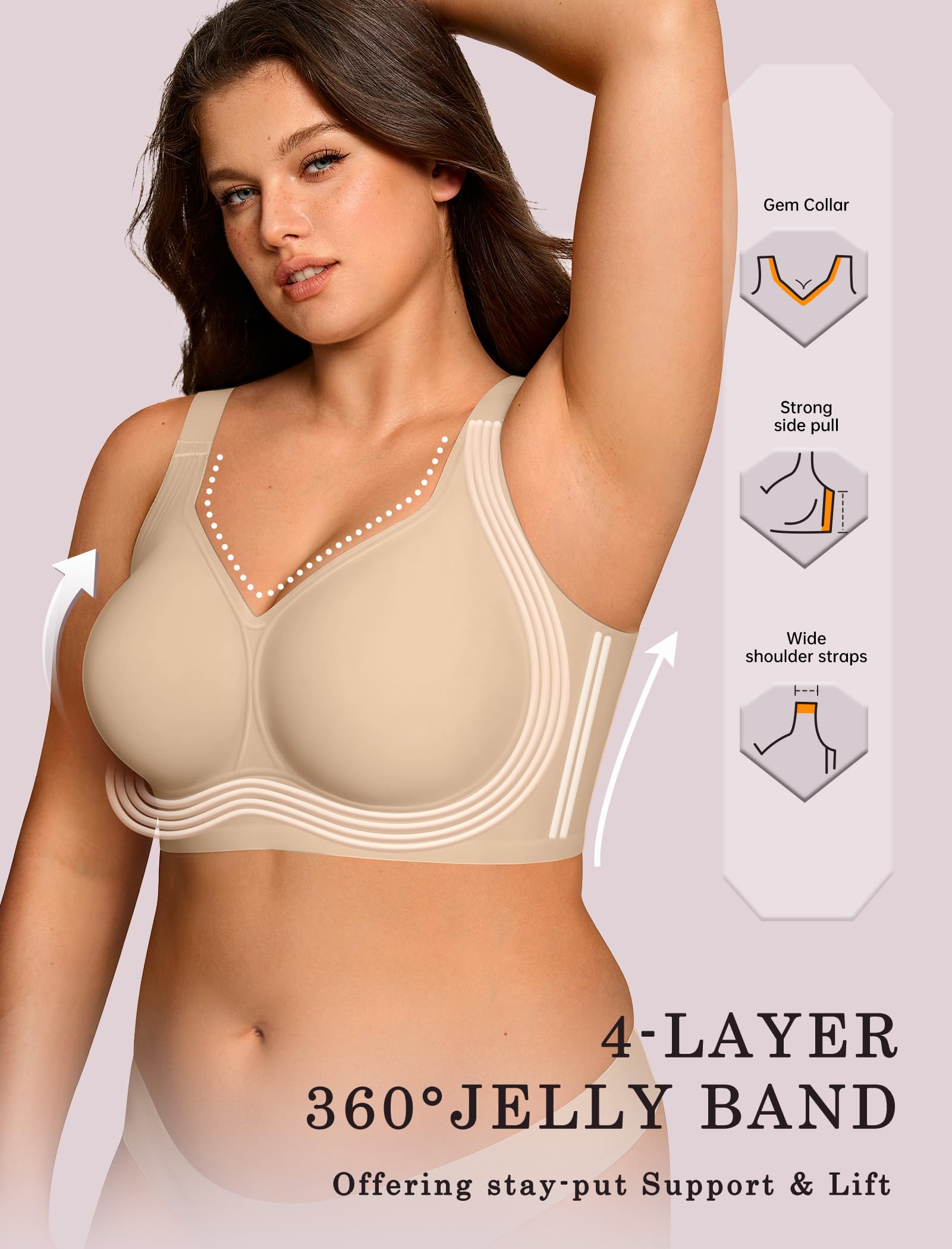 OEAK Womens Wireless Jelly Bra Plus Size Supportive Seamless Bras Full Coverage Push Up Comfortable No Underwire Tshirt Bras Creamy Beige XXL