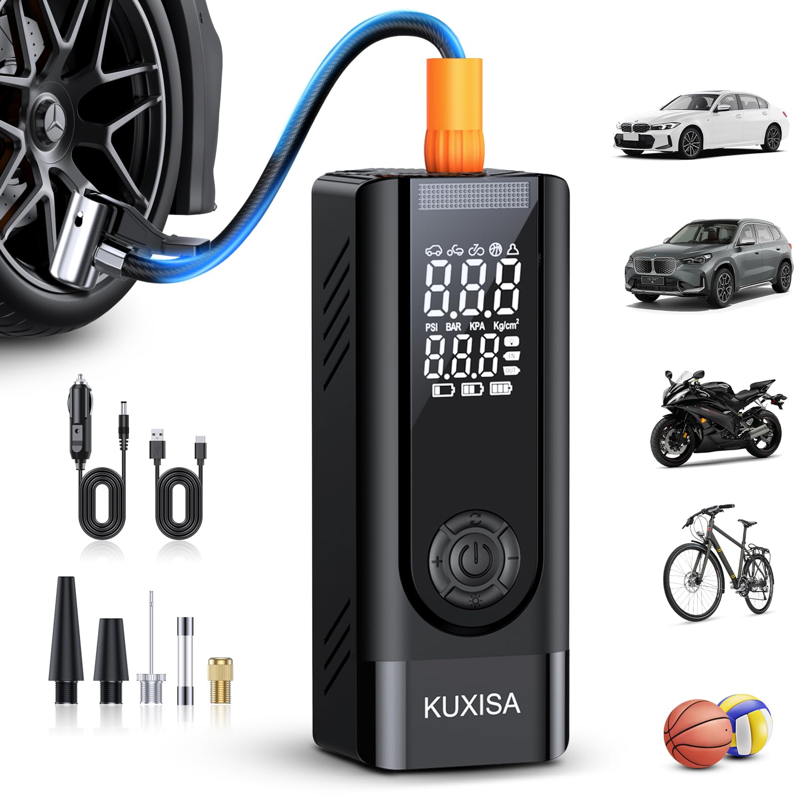 KUXISA Tire Inflator Portable Air Compressor, 3X Faster Air Compressor with Digital Pressure Gauge, 180 PSI Portable Air Pump for Cars, Motorcycles, Bicycles, Balls and More(Black)