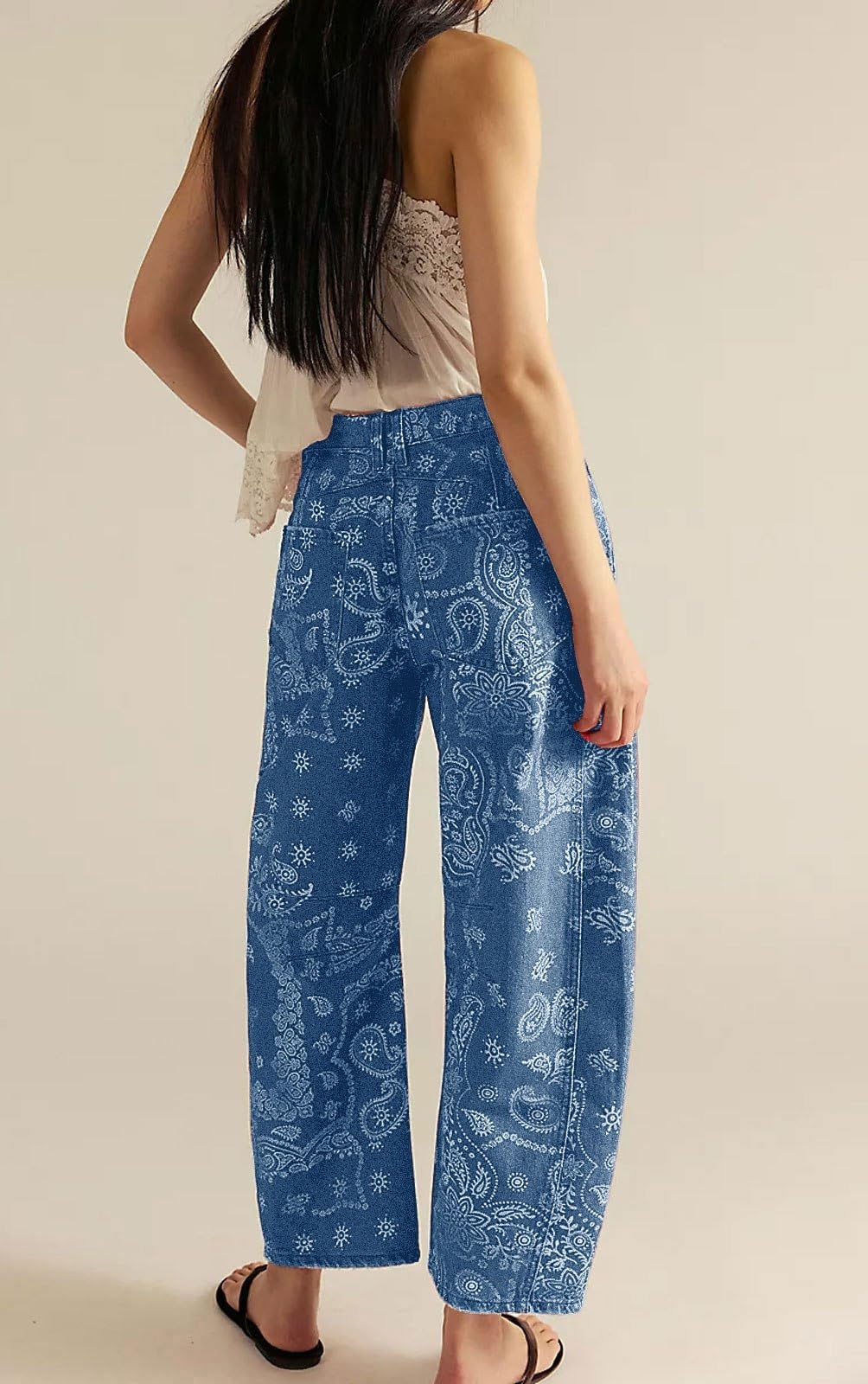 loveimgs Women Boyfriend Baggy Barrel Jeans Floral Print Denim Ankle Pants Wide Leg Mid Rise Jeans Sweatpants Y2k Patchwork (X-Small,Blue)