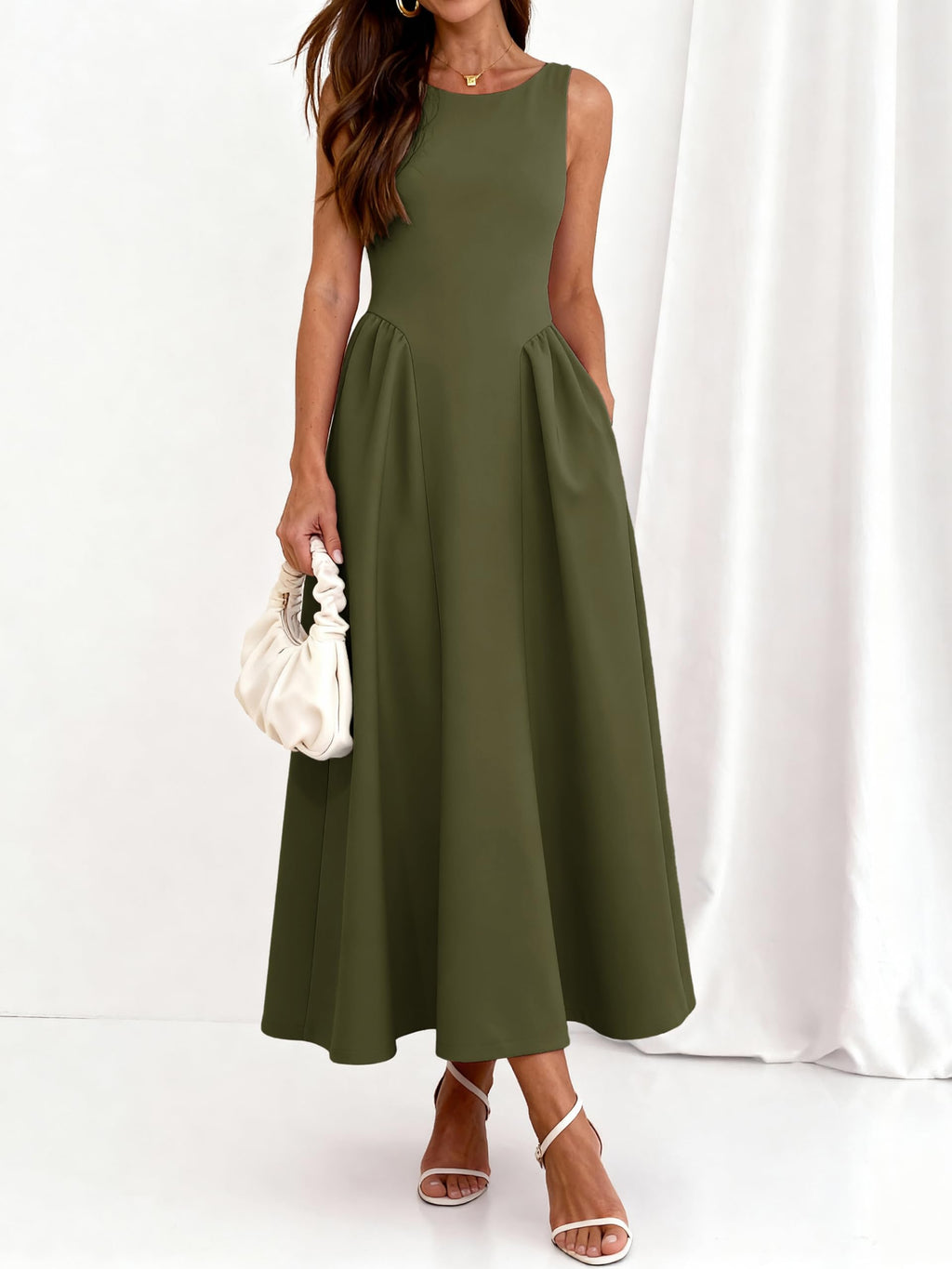 PRETTYGARDEN Summer Sleeveless Maxi Dresses for Women 2026 Elegant Classy A Line Tank Formal Midi Long Wedding Guest Dress(Army Green,Medium)
