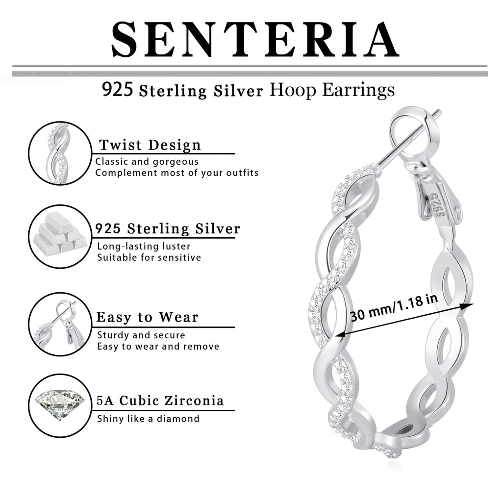 Senteria 925 Sterling Silver Earrings Hoops for Women Lightweight Twisted Hoop Earrings With Cubic Zirconia Hypoallergenic Hoops Earrings (30MM)