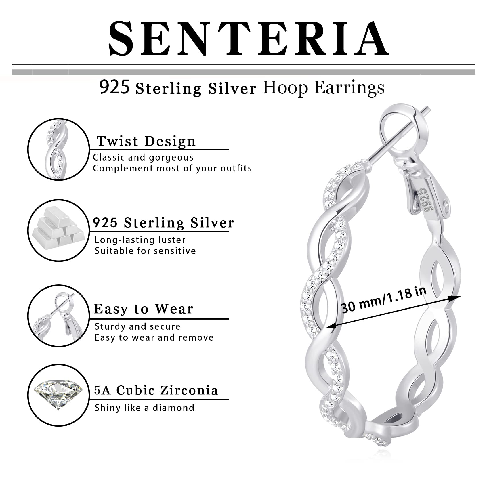 Senteria 925 Sterling Silver Earrings Hoops for Women Lightweight Twisted Hoop Earrings With Cubic Zirconia Hypoallergenic Hoops Earrings (30MM)
