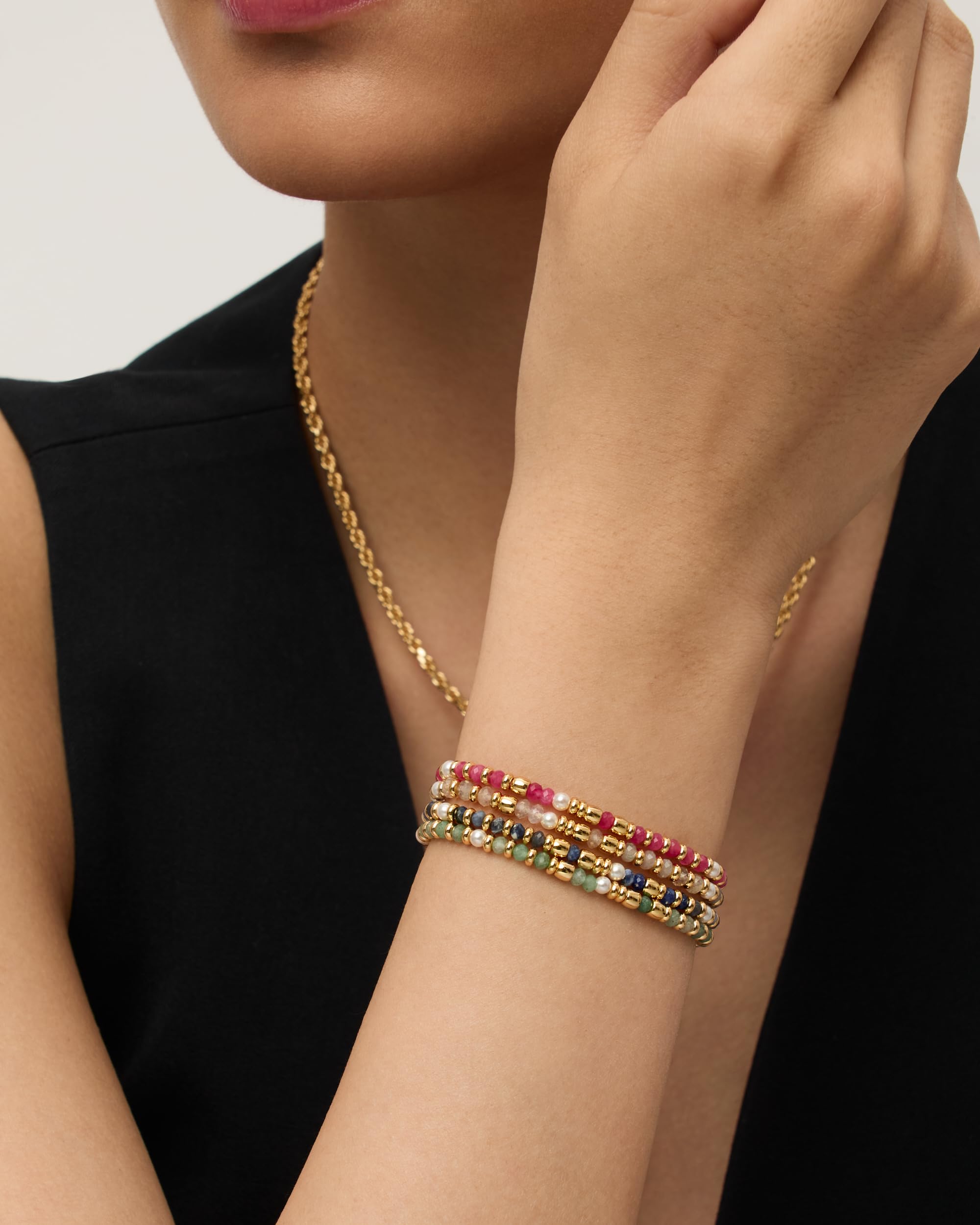 PAVOI 14K Yellow Gold Plated Gemstone Beaded Bracelets for Women - Adjustable Slider Dainty Gemstones and Pearl Bracelet - Boho Festival Freshwater Pearls, Amazonite Beads - Gold Jewelry Gifts