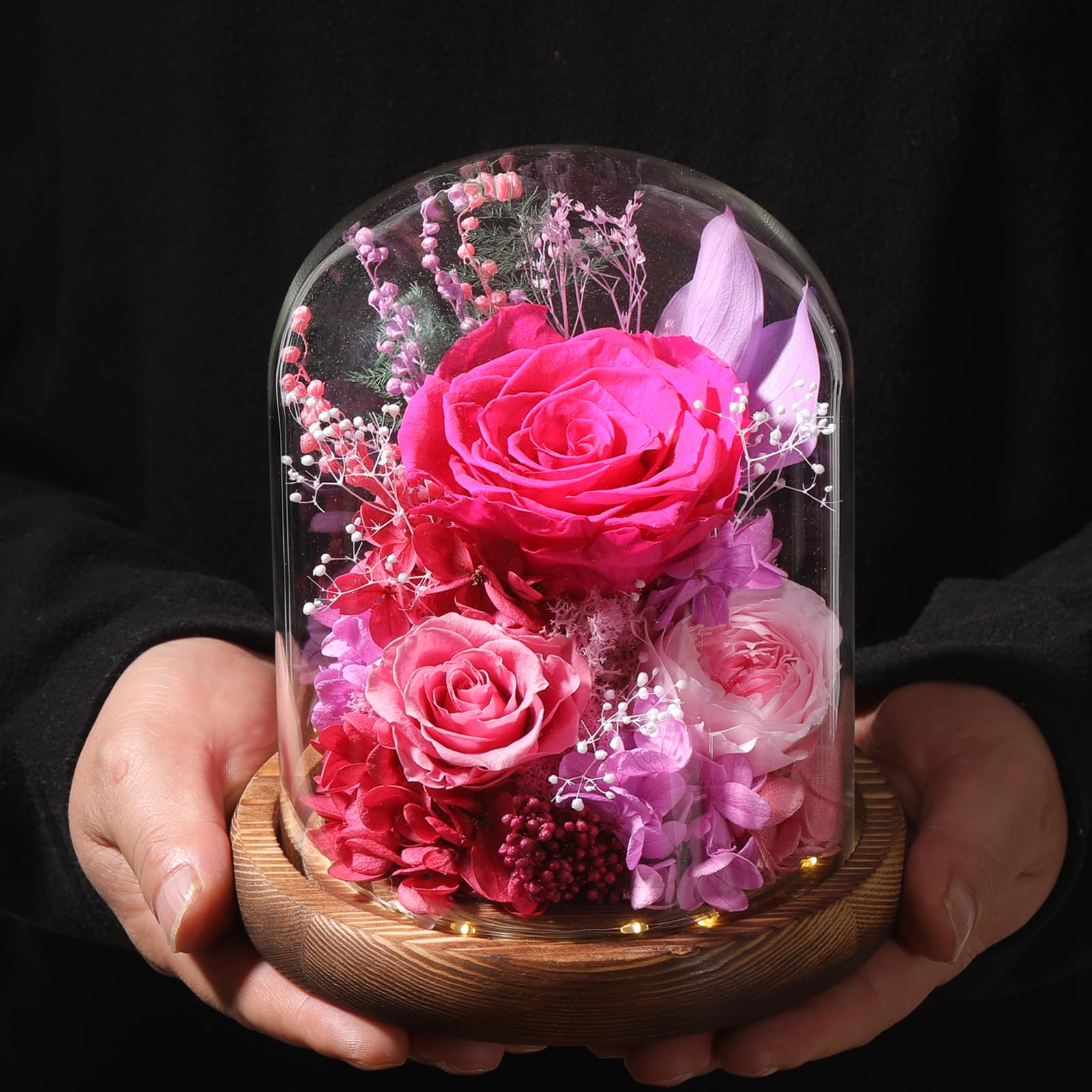 LOVENFOLD Flowers for Delivery Preserved Flowers with LED Light in a Glass Dome,Long Lasting Forever Roses Birthday Gifts for Women Daughter Mom Wife Friend（Reddish Rose）
