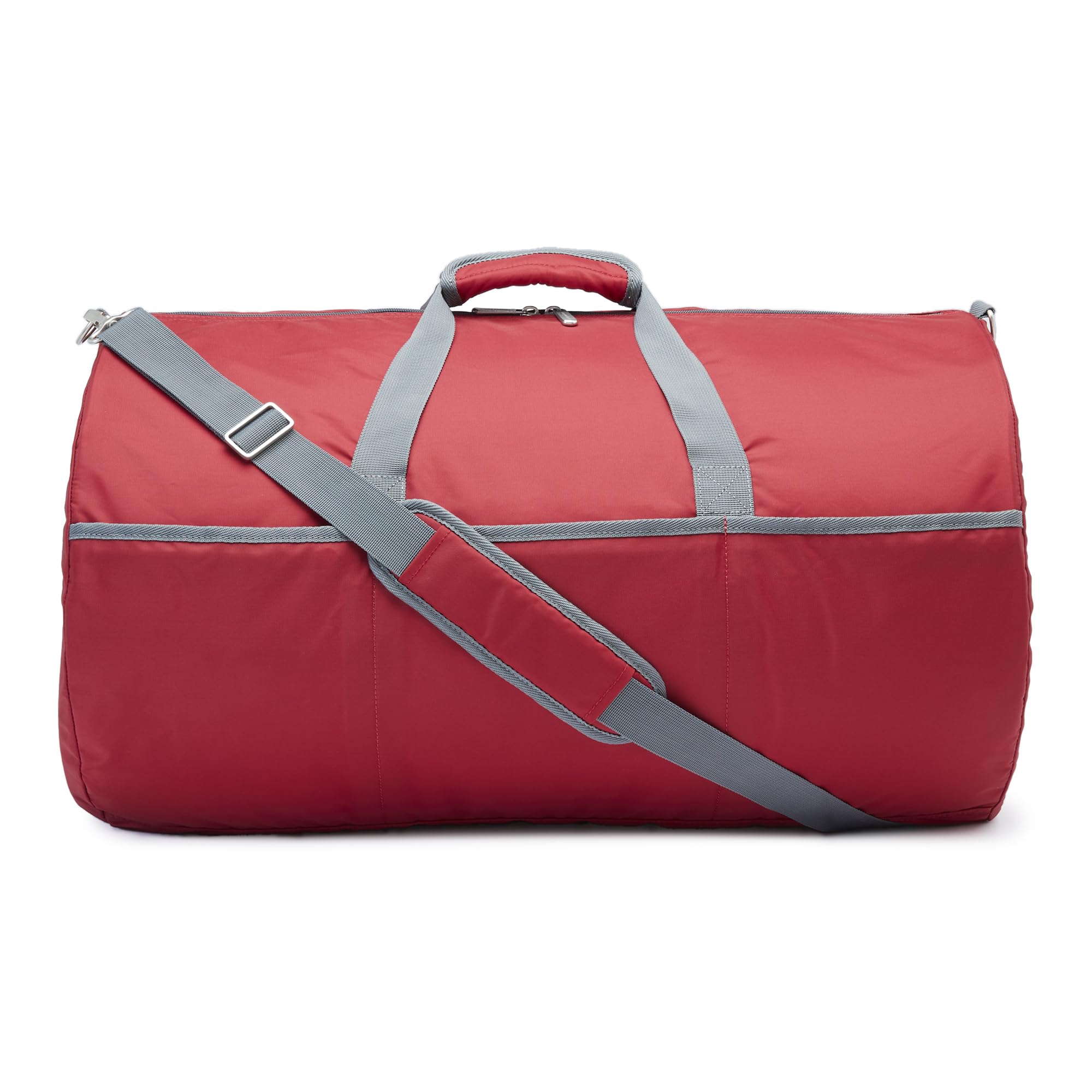 Amazon Essentials 25-inch Foldable Packable Nylon Duffel Bag for Travel and Sports with Multiple Zippered Pockets, 35 lb Weight Capacity, Collapsible for Easy Storage, Red