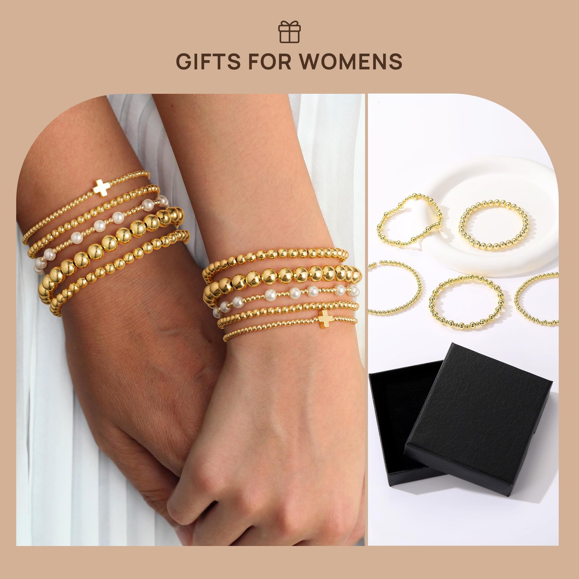 Yoosteel Gold Beaded Bracelets Set for Women - Valentines Gifts for Her Kids 14k Gold-Plated Dainty Round Bead Cross Pearl Bracelet for Women Teenage Girl Gifts Stackable Bracelet Jewelry 5 PCS