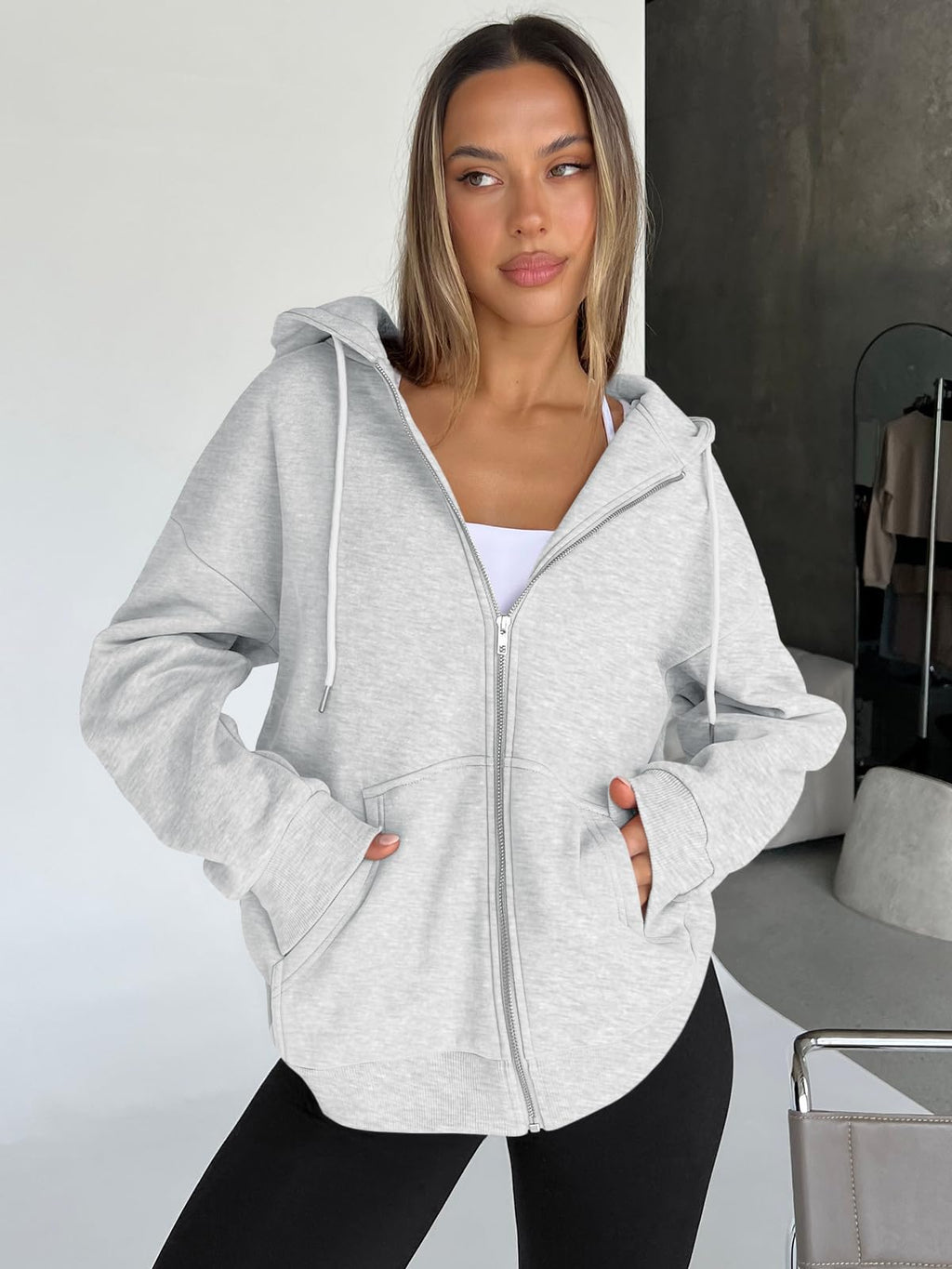 Trendy Queen Womens Zip Up Hoodies Oversized Sweatshirts Fall Fashion Spring Outfits Casual Jackets 2026 Winter Clothes Grey S