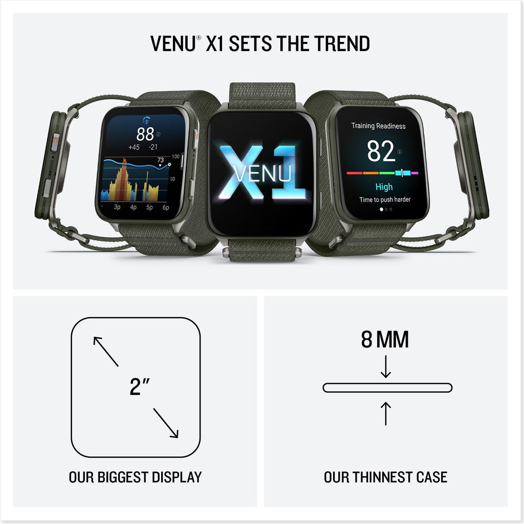 Garmin® Venu® X1, Thin and Lightweight GPS Smartwatch, AMOLED Display, Advanced Health and Fitness Features, Moss with Titanium Caseback and Moss ComfortFit Nylon Band