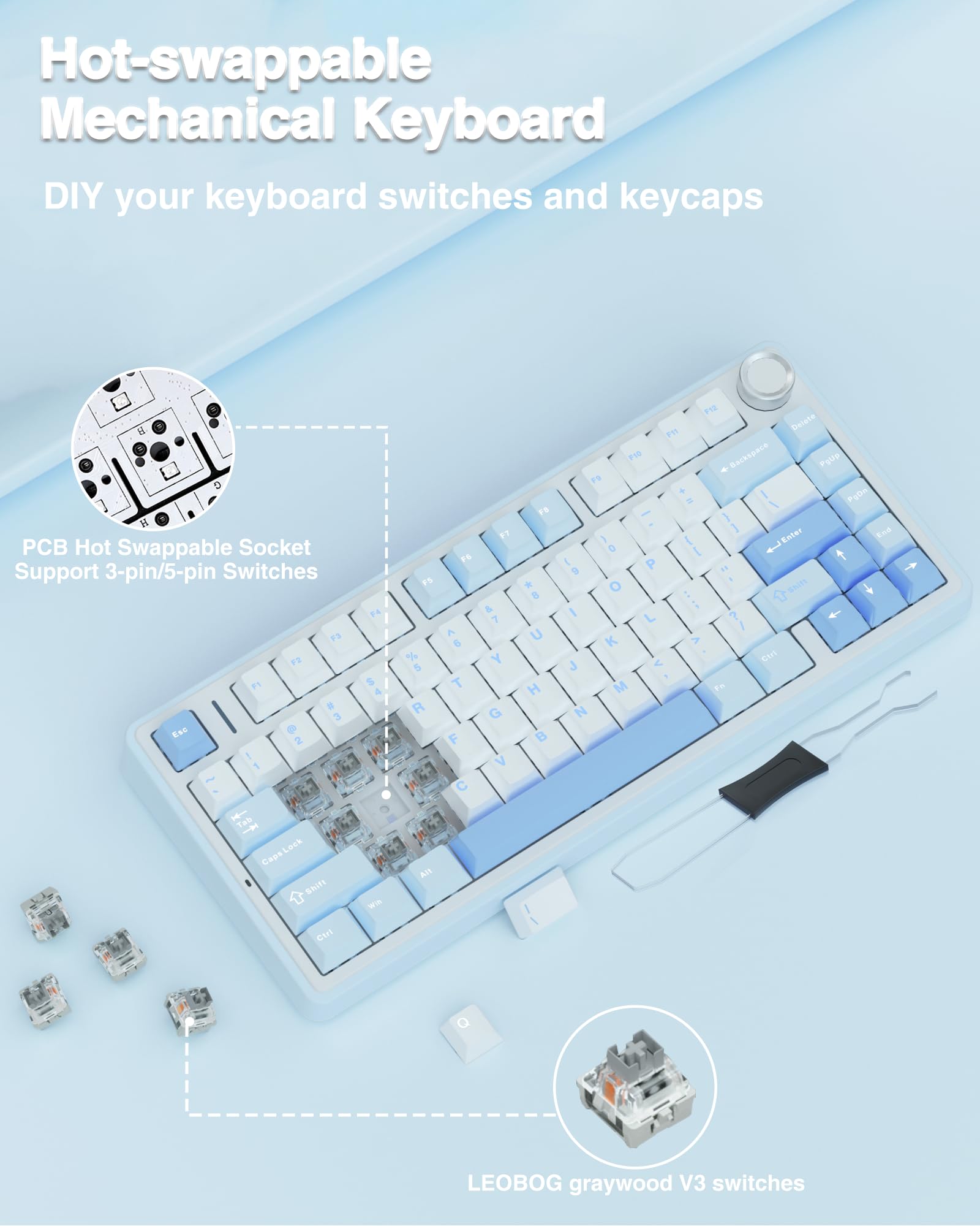 AULA F75 75% Wireless Mechanical Keyboard, Hot Swappable Creamy Keyboard, Pre-lubed Greywood Switches RGB Backlit Gaming Keyboards, 2.4GHz/Type-C/BT5.0(Salt White Blue)