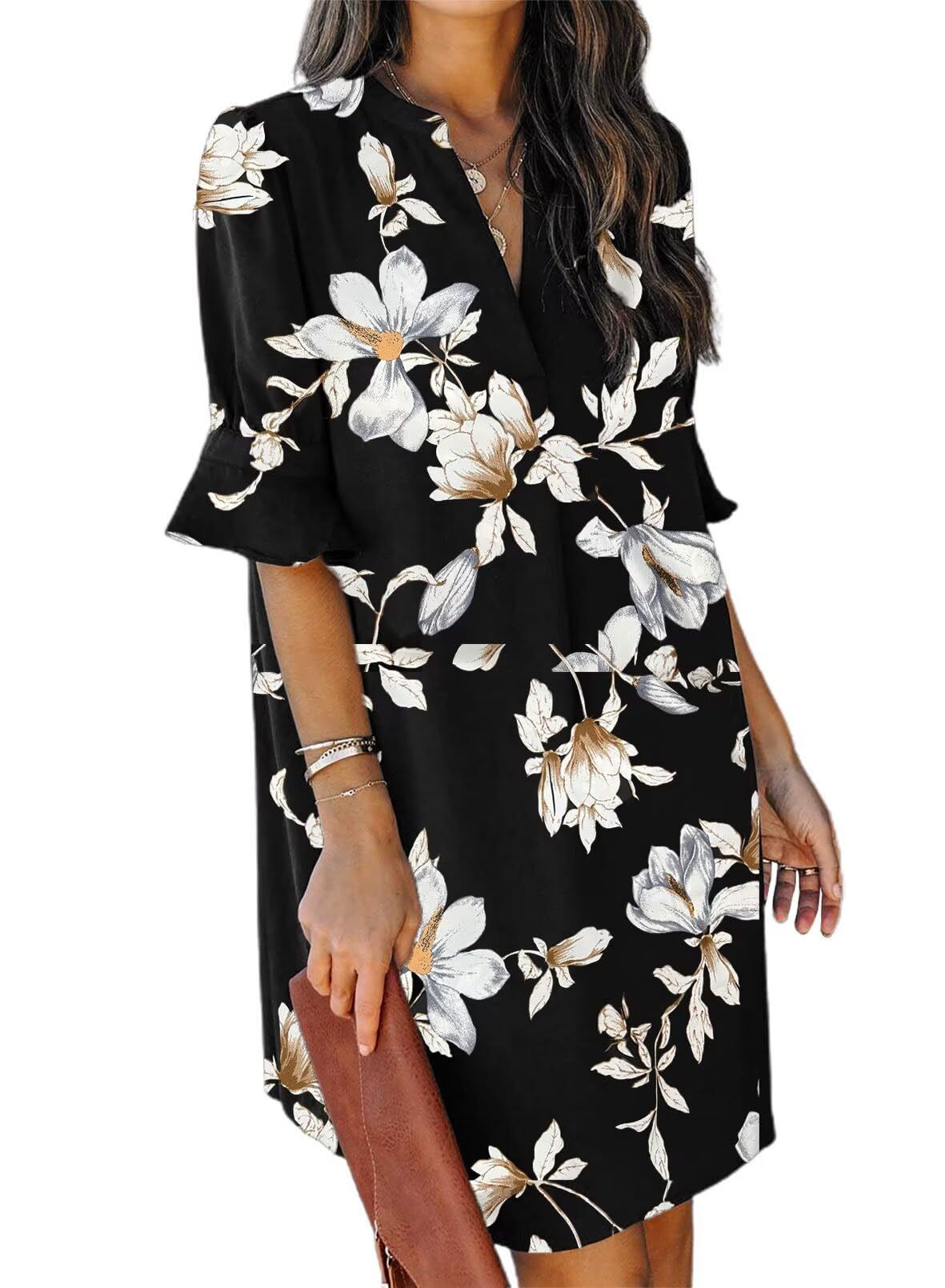QACOHU Casual Dresses for Women Ladies Ruffle Sleeves Split V-Neck Straight Fit Floral Print Slim Dress Black Flower L