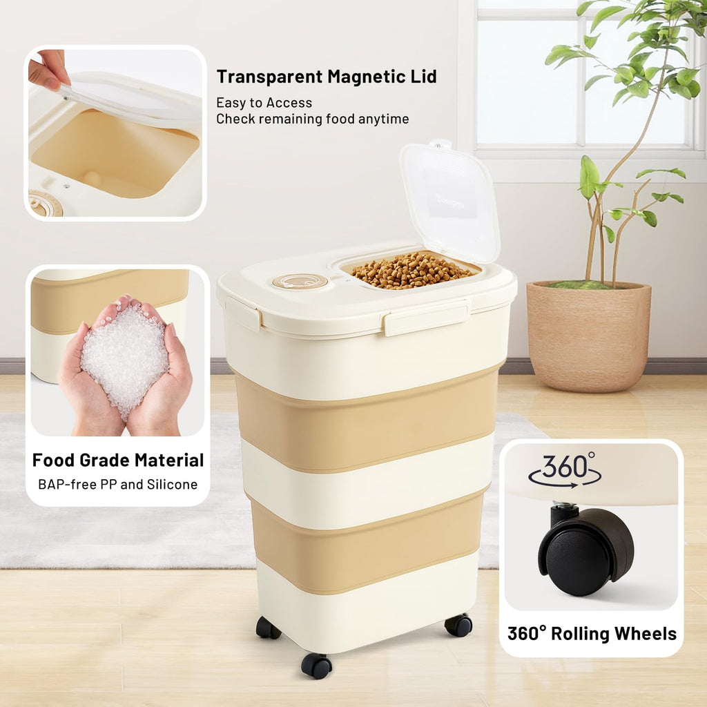ZOMISIA 40-50lbs Dog Food Storage Container, Large Capacity Collapsible Airtight Pet Food Storage Containers with Rolling Wheels, Transparent Lid, Scoop and Date Track, Khaki