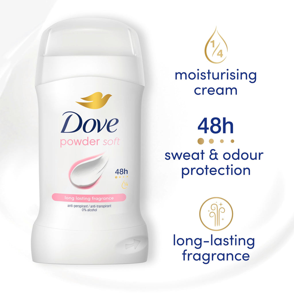 Dove Powder Soft Women's Antiperspirant Deodorant Cream Stick for 48 hour sweat protection and long-lasting fragrance with ¼ moisturising cream 50 ml