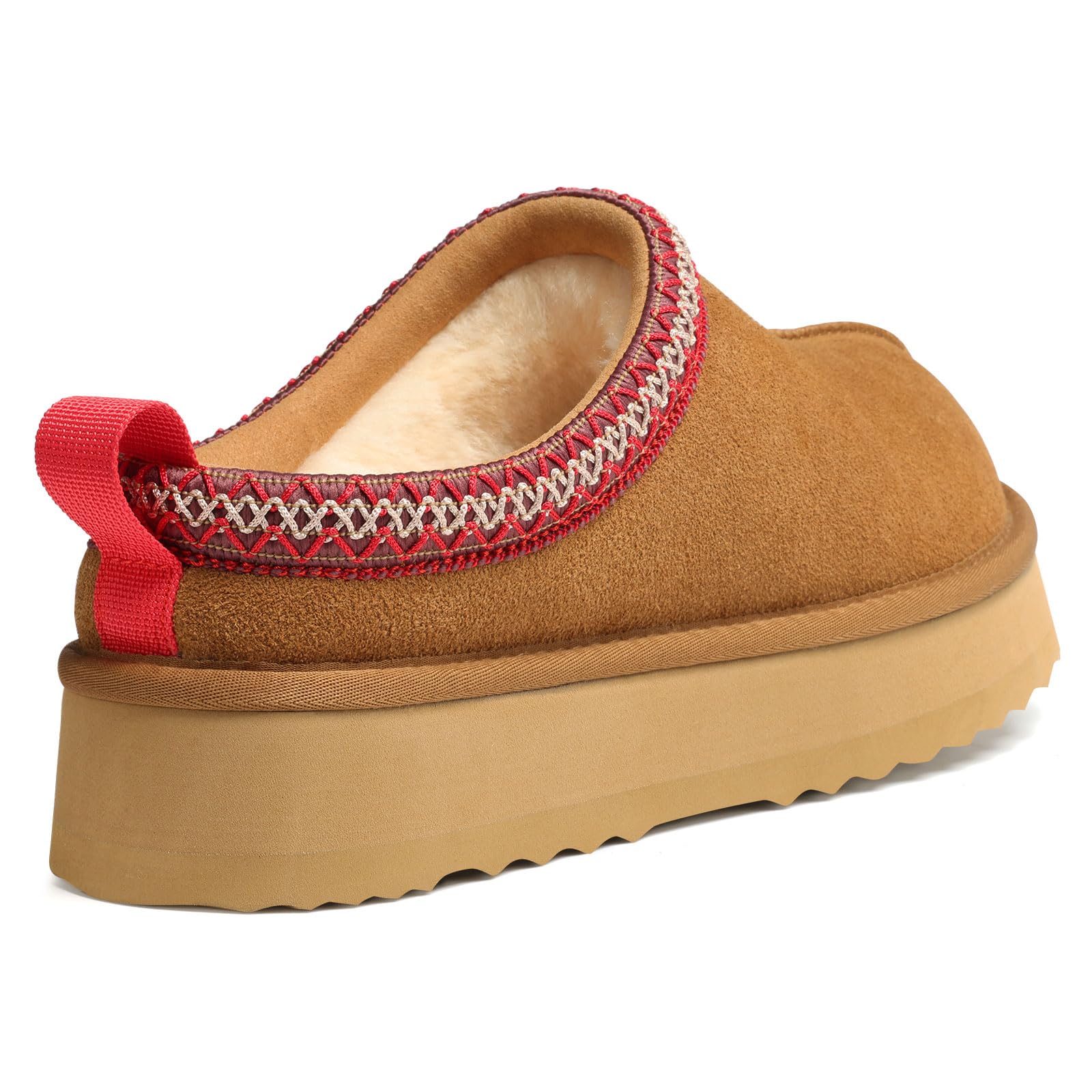 KIDMI Genuine Suede Platform Slippers for Women Fuzzy Winter Warm Shoes Indoor Outdoor, Chestnut 39