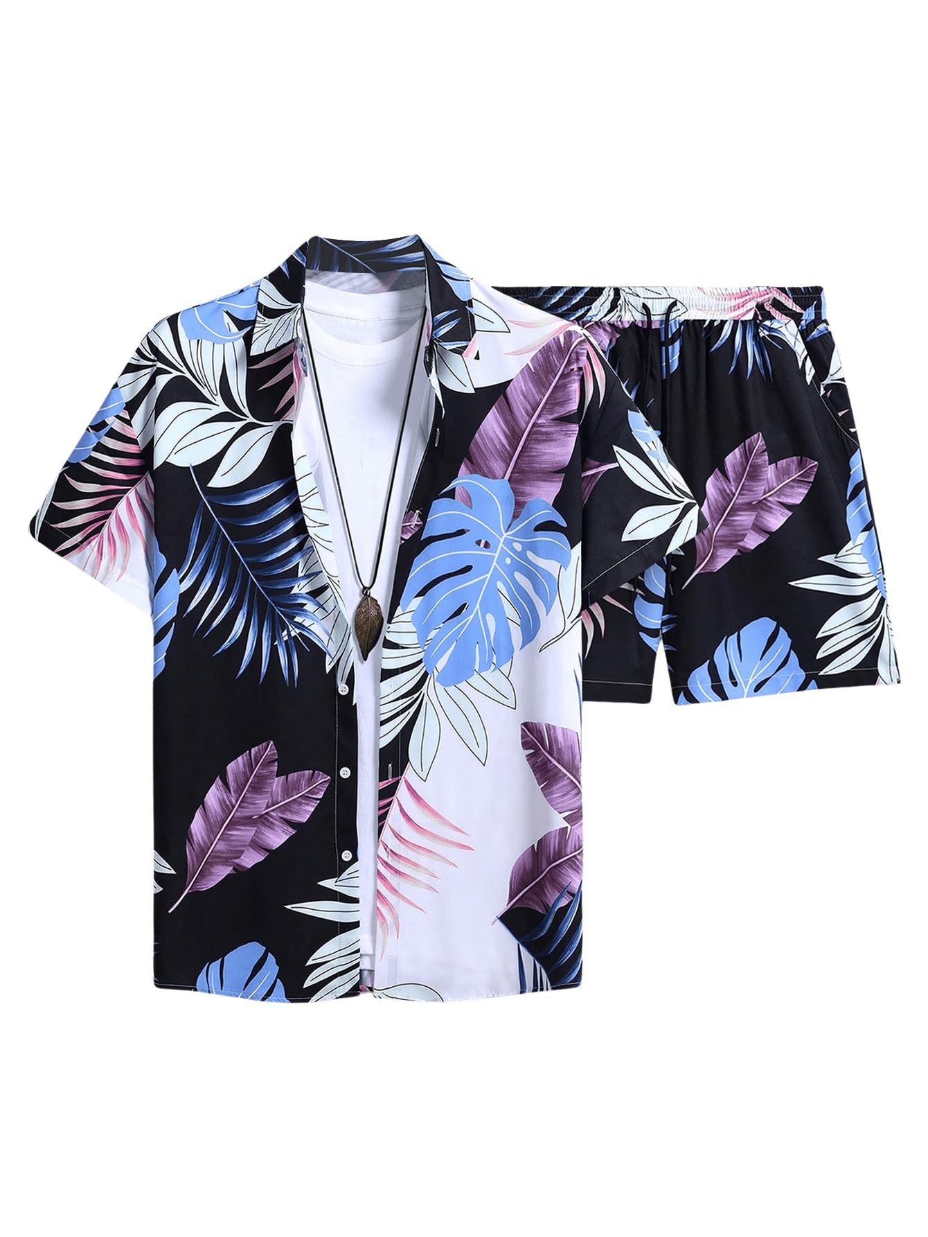 GORGLITTER Men's Vacation Beach Cruise Summer Outfits 2 Piece Shorts Set Hawaiian Button Down Shirt and Shorts Blue and Black Medium