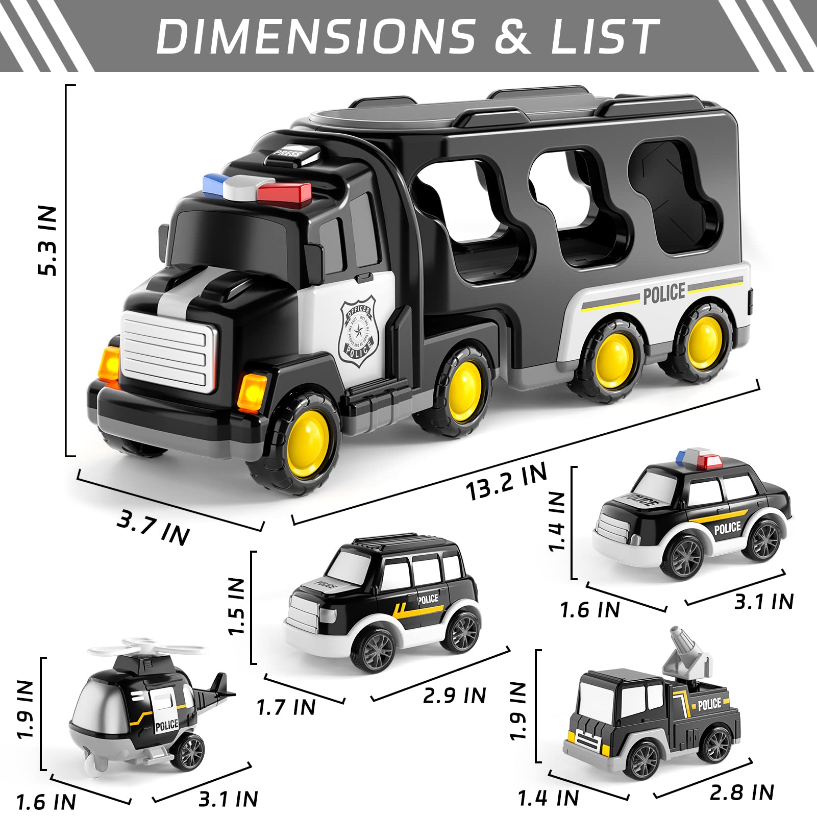 Bennol Toddler 5 in 1 Police Truck Toys for 1 2 3 4 5 Year Old Boys, Police Rescue Vehicles Car Trucks Bus Helicopter for Kids Ages 1-3 3-5, Car Toys for 1 2 3 4 5 Year Old Boys Girls Birthday Gifts