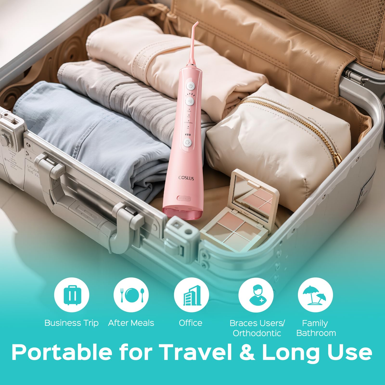 COSLUS Portable Water Flosser for Teeth: 4 Modes & 5 Intensity Levels Professional Electric Dental Pick for Sensitive Gums, Braces & Orthodontic - Cordless for Travel Use, for Adults, BPA-Free, Pink