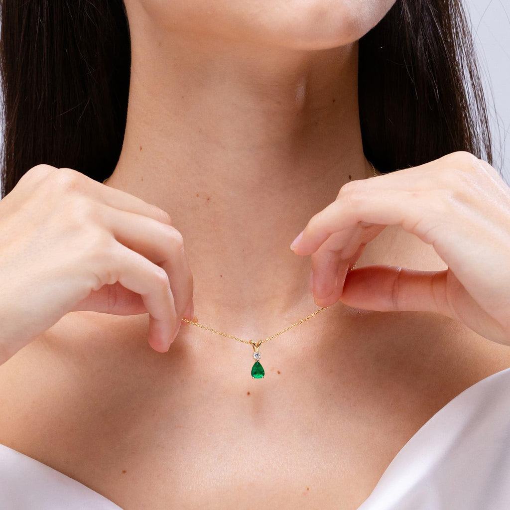 Angara 0.38 ct Emerald Teardrop V-Bale Necklace with Diamond in 14K Yellow Gold | Natural Prong-Set Emerald Pendant for Women | July Birthday Gemstone Jewelry Gift | 6x4mm