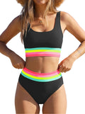 popvil Womens High Waisted Bikini Sets Two Piece Neon Tummy Control Swimsuit 2026 Sporty Rainbow Bathing Suit Young Women Beach Summer Black